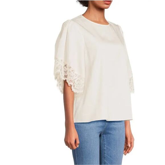 Harshman Nilia Lace Trim Cotton Blouse Short Sleeve Ivory - Picture 2 of 10